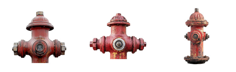 Fototapeta premium Three vintage red fire hydrants displaying unique weathered details, cut out - stock png