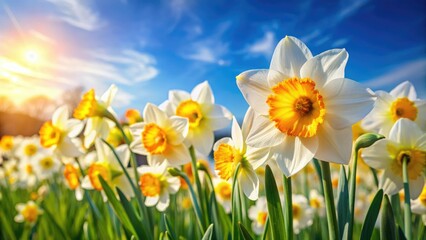 Fototapeta premium Nature's artistry: spring breeze whispers through blooming white and yellow daffodils. A floral wallpaper masterpiece.