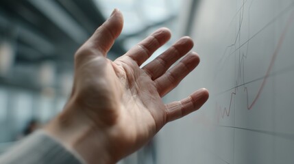 An open hand reaches towards a graph on a wall, symbolizing the pursuit of growth, learning, and future possibilities.