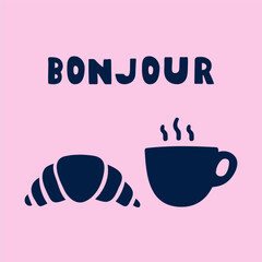 Croissant and cup of coffee. French word - Bonjour. Banner illustration on pink background © Igor