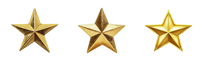 Three shiny gold stars in different artistic styles, cut out - stock png