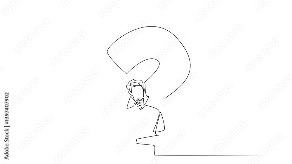 Poster animated self drawing of single one line drawing man with thinking gesture with big question mark ba