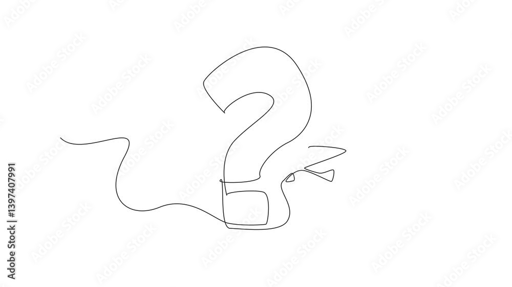 Poster self drawing animation of single continuous line drawing hand holds marker forms big question mark f
