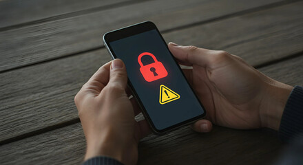 Close-up of hands holding a smartphone displaying a warning sign. A modern safety and alert concept, symbolizing danger, risk, or cybersecurity threats.