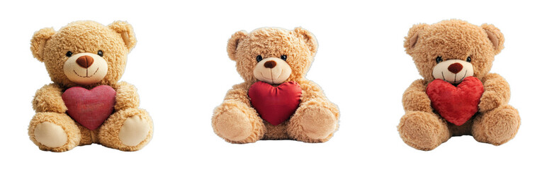 Obraz premium Three cute teddy bears holding red hearts in a line, cut out - stock png