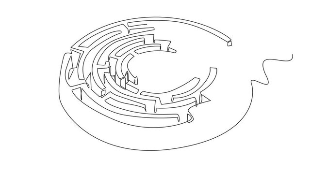 Animation of single continuous line drawing labyrinth of circular plants. Educational playground. Learn to be patient in finding solutions. Winding garden. World Labyrinth Day. Full length motion