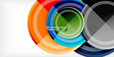 Obraz premium Abstract colorful circles overlap creating dynamic visual effect. Bright hues blend with gray tones on white background. Modern design element.