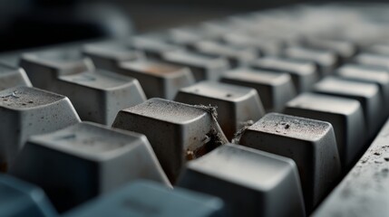 A close-up view of an aged keyboard with dust settling between the keys, evoking a sense of nostalgia and forgotten technology.