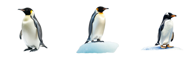 Fototapeta premium Three emperor penguins on icebergs in natural habitat, cut out - stock png