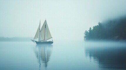 Mystical Schooner Sailing Through Misty Seascape at Dawn