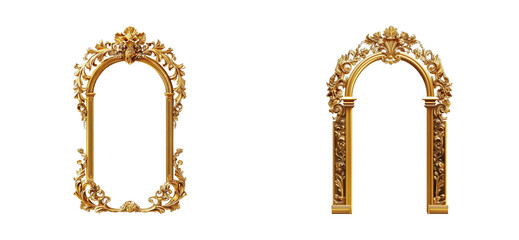 Ornate golden arch and oval frames with intricate floral designs, cut out - stock png