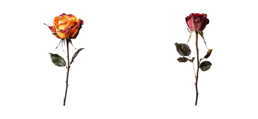 Two vibrant roses with green leaves on stems, cut out - stock png