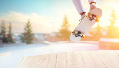 Skateboarder performing trick in mid air above ramp, with vibrant sunset in background. scene captures thrill and excitement of skateboarding in outdoor setting