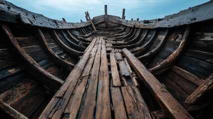 Inside of an Old Wooden Boat with Timbers on a Cloudy Day at a Seaside Location
