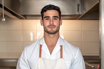 Confident chef stands in modern kitchen, showcasing culinary pas