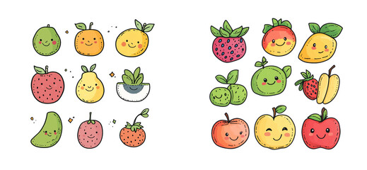Fototapeta premium Cute cartoon fruits with smiling faces and leaves collection, cut out - stock png
