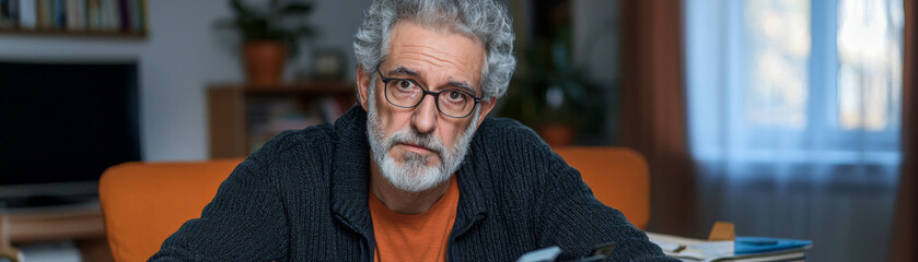 Fototapeta premium thoughtful older man with gray hair and glasses sits at desk, surrounded by books and papers, conveying sense of contemplation and focus