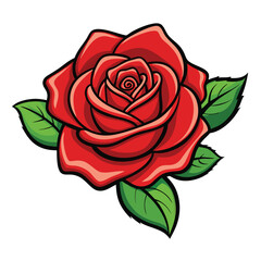 Cartoon Style Red Rose With Green Leaves, Budding, Petals, Detailed, Isolate, Bold Outline