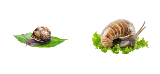 Two garden snails on leaves displaying shell patterns and natural textures, cut out - stock png