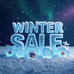 Snowy landscape showcases a vibrant winter sale display, featuring shimmering letters and colorful ornaments that evoke a festive atmosphere. The scene captures the essence of winter