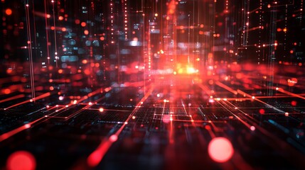 Naklejka premium Abstract red digital network with glowing lines and bokeh lights in a futuristic environment