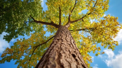 Fototapeta premium Majestic view of a tall tree with vibrant green and golden leaves against a bright blue sky on a sunny day