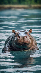 Cute baby hippopotamus swimming in water.