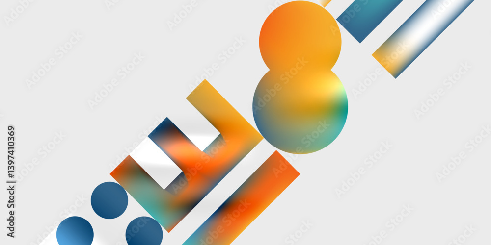 Poster Abstract composition featuring colorful spheres, rectangles, gradients. Shapes overlap diagonally across light gray background. Modern design, vibrant hues, simple geometry.