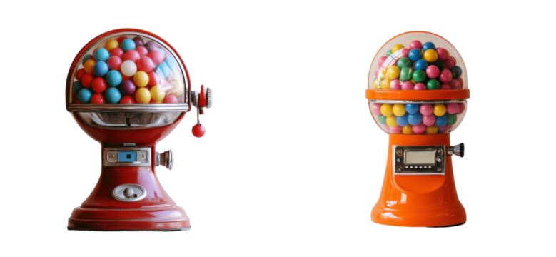 Vintage and modern candy dispensers filled with colorful gumballs, cut out - stock png