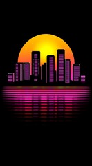 Obraz premium Retro Pixel City Sunset Pink and Purple Buildings Reflected in Water
