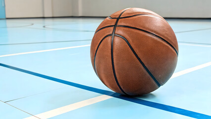 Fototapeta premium classic leather basketball rests on pristine blue court, showcasing its texture and design in vibrant setting