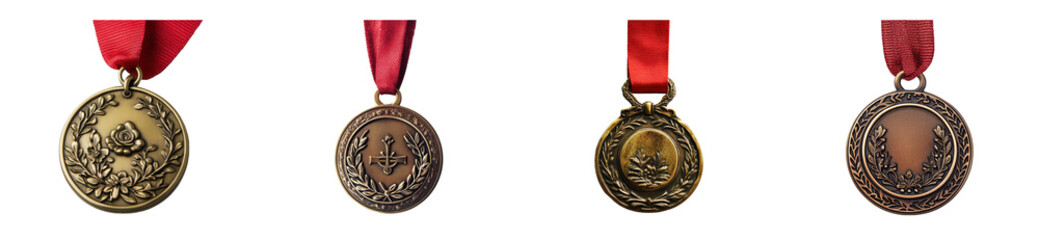 Collection of four ornate bronze medals with red ribbons, cut out - stock png