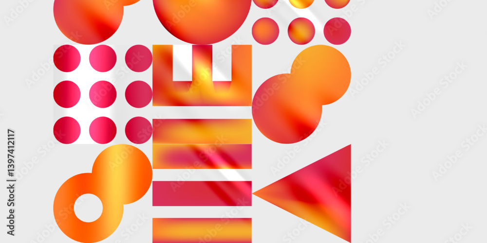 Fototapete Abstract composition featuring vibrant orange, red shapes. Circles, rectangles, triangles overlap on light gray background. Modern design, dynamic visual elements present.