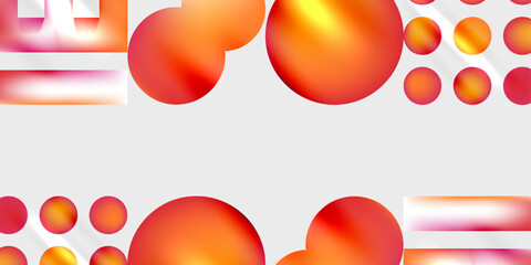 Abstract composition featuring vibrant orange spheres, rectangles. Gradient colors create depth, contrast against light gray background. Minimalist design, modern aesthetic.