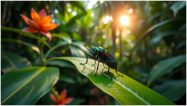 Macro insect fauna shows a dragonfly and fly sharing a yellow flower in the summer garden - Powered by Adobe