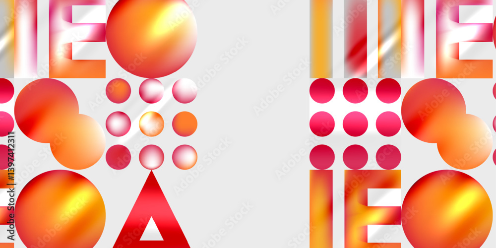 Poster abstract design features vibrant orange, pink spheres alongside bold text elements. geometric shapes