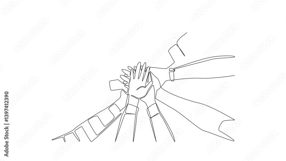 Poster animation of single continuous line drawing 5 pairs of hands with various sleeve models stacked on t
