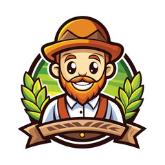 Cheerful Cartoon Farmer Mascot with Wheat Laurel in Earthy Brown and Green Tones