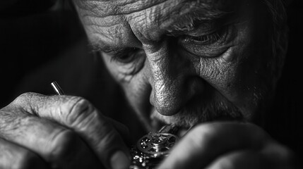 An elderly man carefully repairing the intricate mechanism of a timepiece