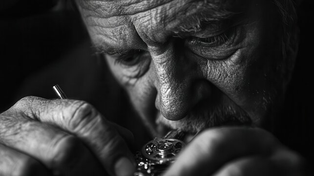 An elderly man carefully repairing the intricate mechanism of a timepiece