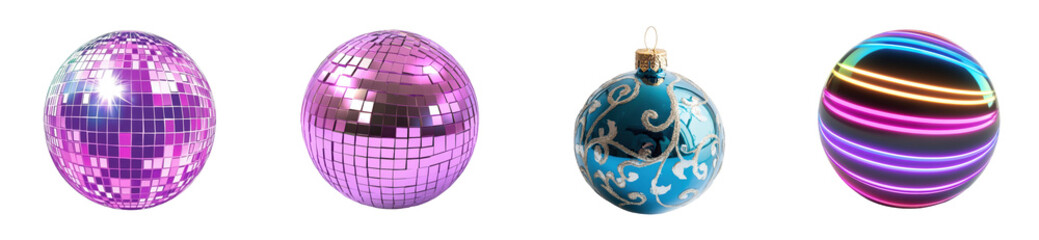 Set of decorative ornaments: mirrored disco balls and holiday baubles, cut out - stock png