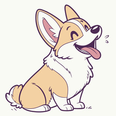 Cheerful Corgi Cartoon with Tongue Out, Smiling Sitting, Outline, Minimalist Style, Cute Pet