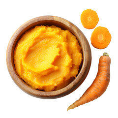 Carrot puree in wooden bowl with fresh carrots,