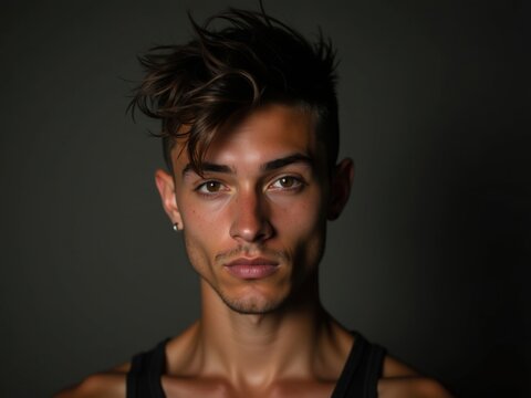 Hombre joven luciendo un peinado art&iacute;stico con corte rapado