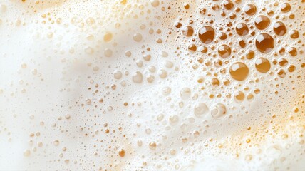 Close-up of frothy bubbles on a creamy latte, showcasing texture and rich flavor.