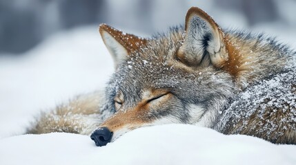 Obraz premium A beautiful coyote sleeps peacefully in the fresh white snow