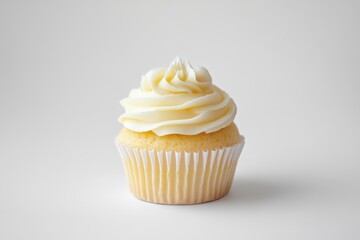 A single cupcake with swirl frosting on a plain background