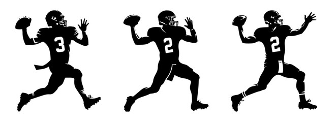 Set of American football quarterback silhouettes captured in dynamic action poses while throwing a pass, isolated black and white vector graphic player illustrations