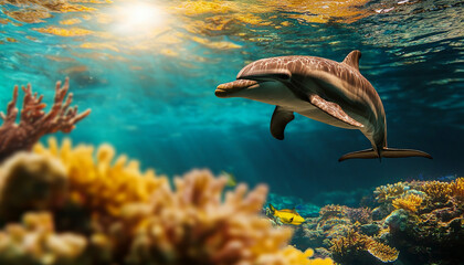 Fototapeta premium dolphin gracefully swims through vibrant coral reef, illuminated by sunlight filtering through water surface. scene captures beauty of marine life and colorful underwater ecosystem