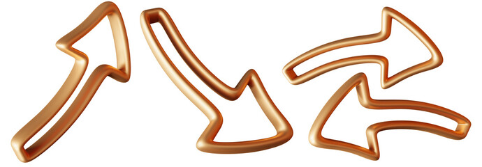 Set of four golden arrows designed in three-dimensional form. Each arrow varies in shape and direction, showcasing a polished appearance against transparent backdrop. 3D arrow, cut out.